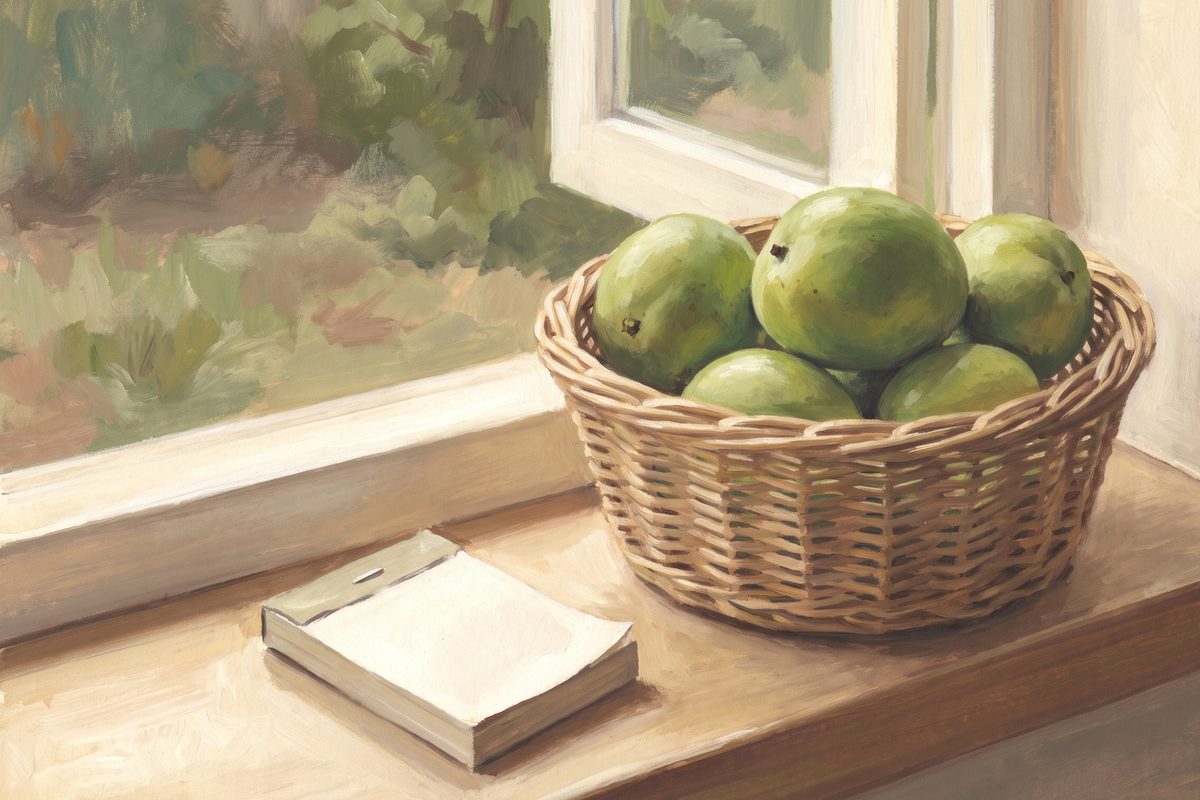 A painted still life of a wicker basket of ripe green mangoes and a small calendar leaf on a pale windowsill in soft daylight