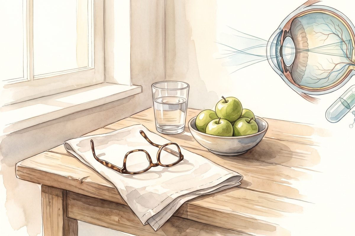 Watercolour of reading glasses on a folded napkin beside a glass of water and a bowl of green apples, with a drawing of the eye in cross-section