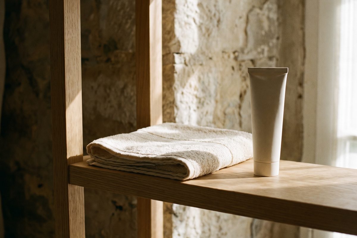A plain daylight photograph of a bathroom shelf with an unlabelled sunscreen tube and a folded towel in soft natural light, no face, no people, no lettering