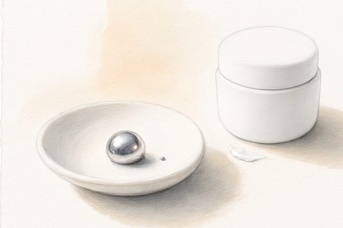 A row of unlabelled plain cosmetic jars on a pale wooden shelf, soft daylight, watercolour, no lettering and no people
