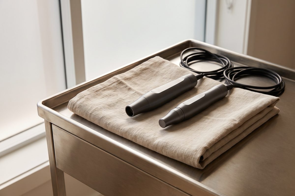 Two unmarked treatment handpieces resting on a folded clean drape on a steel trolley in daylight, no patient, no lettering, no branding in frame