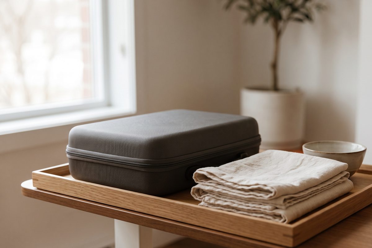 A plain daylight photograph of an unused, folded skincare towel on a treatment bed in soft natural light, still life, no clinical staging, no face