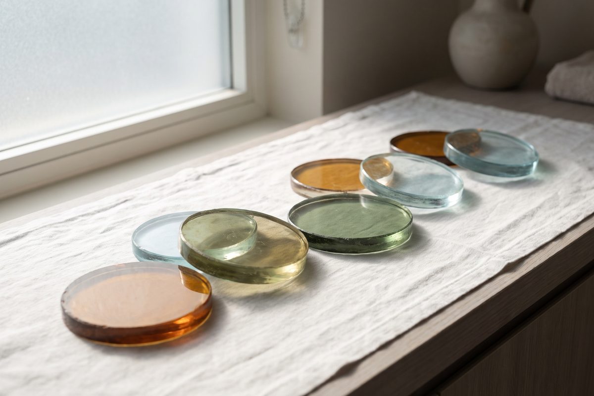 A set of coloured optical filters laid out on a clean white cloth on a treatment room counter in daylight, nothing powered on, no patient and no face in frame