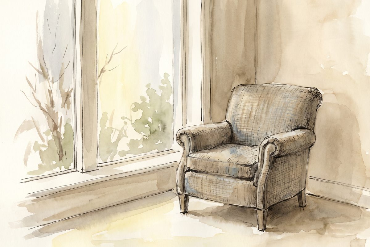 A quiet waiting room chair in morning light, ink and wash, no people, no signage, no lettering