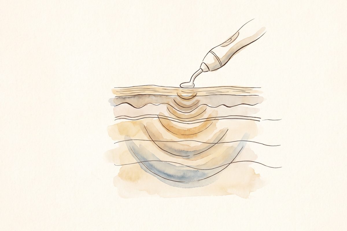 A still-life illustration of a handheld radiofrequency applicator resting on folded linen beside a small ceramic dish and a sprig of leaves, soft daylight, no text, no people; a generated illustration, not a photograph