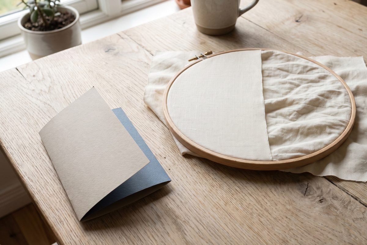 A length of linen in a wooden embroidery hoop on an oak table, half drawn taut and smooth, half slack and creased, beside a folded blank leaflet in soft window light; a generated illustration, not a photograph