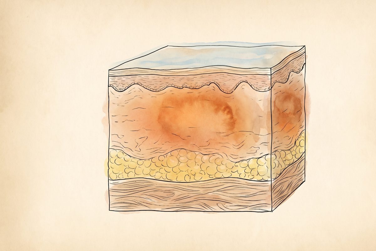 A hand-drawn ink and watercolour block of skin in cross-section, warm orange heat spreading through the deeper layers while a thin cool blue band protects the surface, no text