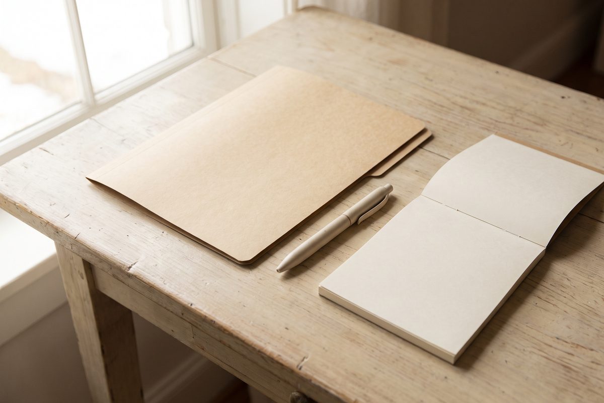 A closed paper folder, a pen and a small wall calendar on a pale wooden desk in soft daylight, a calm still life with no text, people, needles or packaging