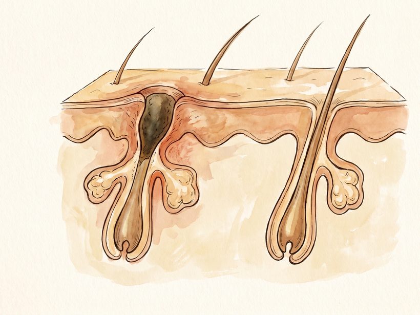 A hand-drawn ink and watercolour cutaway of skin showing one blocked pore with a dark plug beside one clear open pore, each with its hair and oil glands, warm paper, no face, no text; a generated illustration, not a photograph