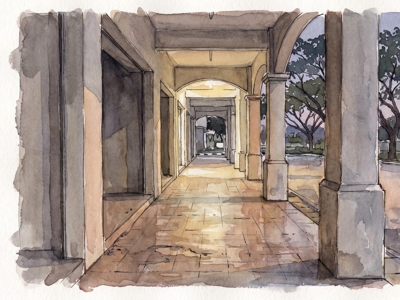 A watercolour of a row of Setia Alam shophouses at dusk, trees along the pavement and a covered five-foot walkway, no signage, no lettering, no people