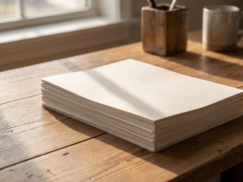 A squared stack of unmarked printed documents on a wooden desk in late morning daylight, nothing else in frame, no people and no clinic setting