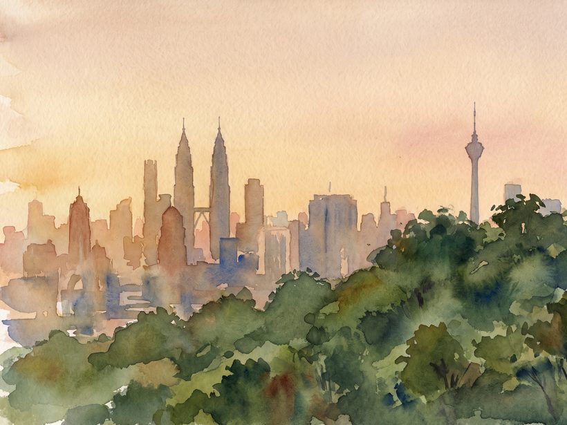 Watercolour of the Kuala Lumpur skyline at dusk, with the twin towers and KL Tower above green treetops