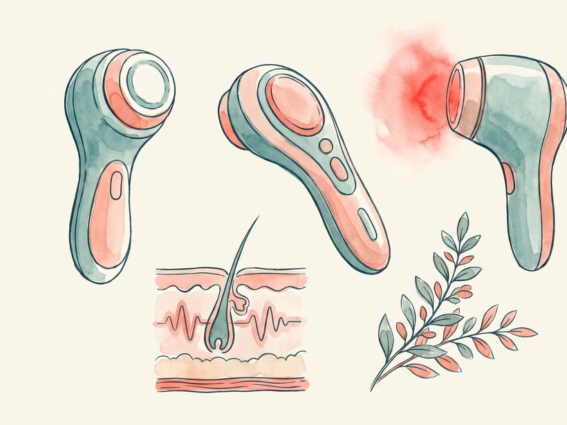 Watercolour of three generic handheld beauty devices, one giving off a soft red glow, beside a small cutaway of skin