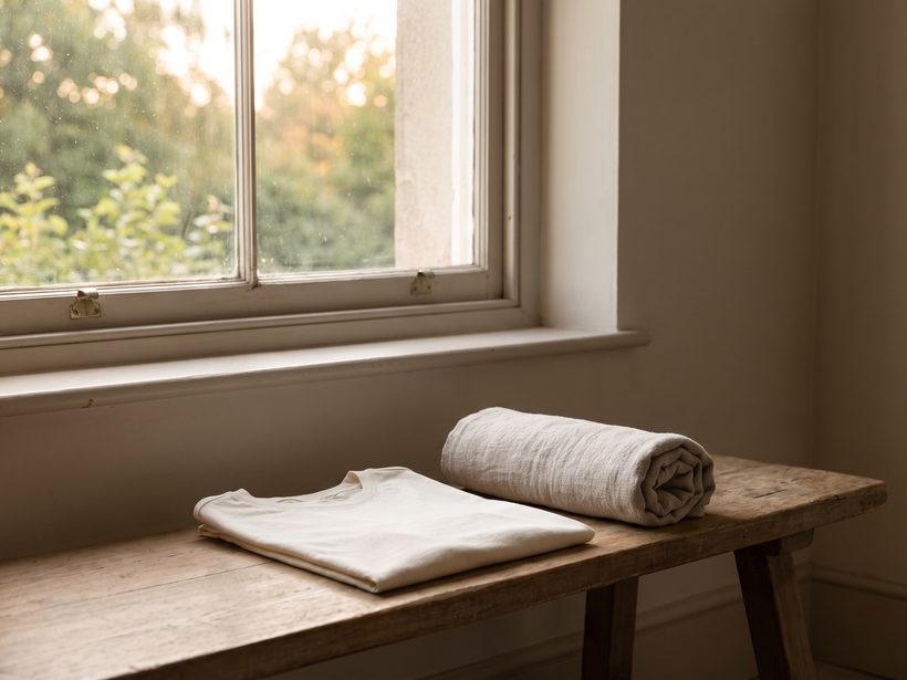 A folded cotton sports shirt and a towel on a wooden bench, soft window light, no lettering and no people