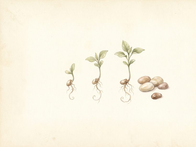 Watercolour of three seedlings at different stages of growth beside a few smooth pebbles