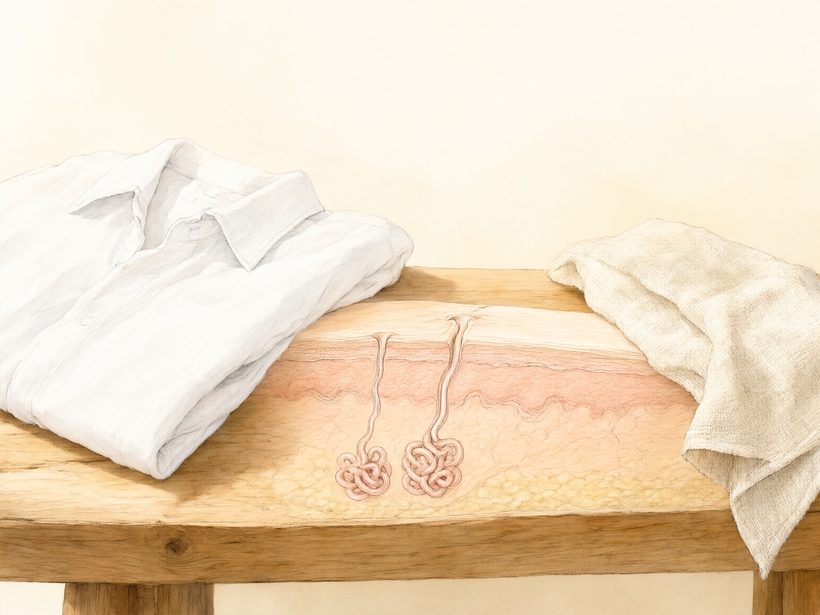 A folded white cotton handkerchief beside a glass of water on a pale wooden table in morning light, a still life with no people, no needles, no medicine and no logos