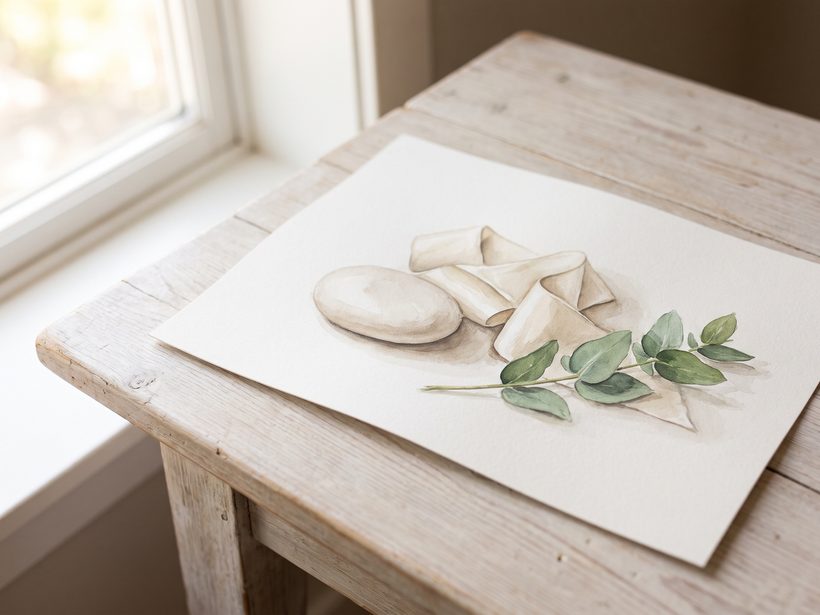A watercolour still life of a smooth pale stone and a softly folded ivory ribbon drawn on a sheet of paper, with a sprig of green leaves, on a pale wooden table by a window