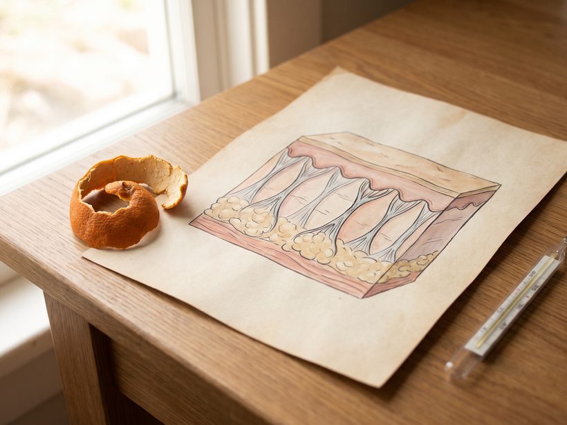 A folded white linen cloth and a glass of water on a pale wooden table in soft daylight, a calm still life with no people, text or medical equipment