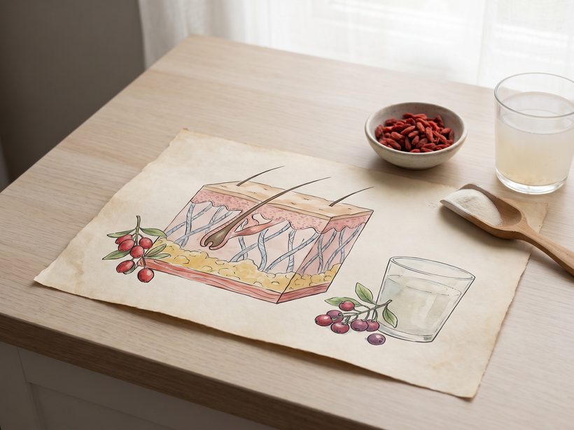 A clear glass of water beside a small ceramic spoon and a few dried goji berries on a pale linen cloth in soft daylight, a still life with no text, faces, needles or product packaging