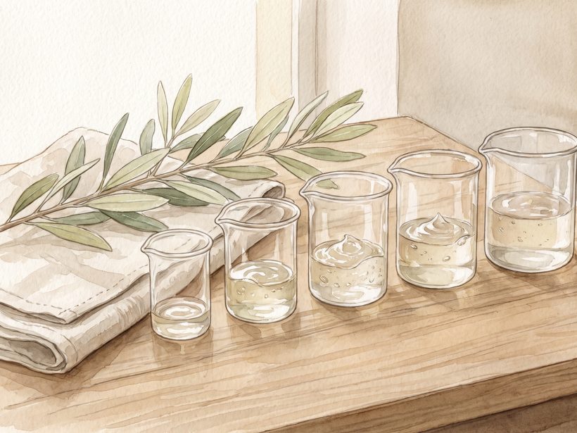 Watercolour of small glass measuring cups of different sizes holding a little clear gel, beside a folded linen cloth