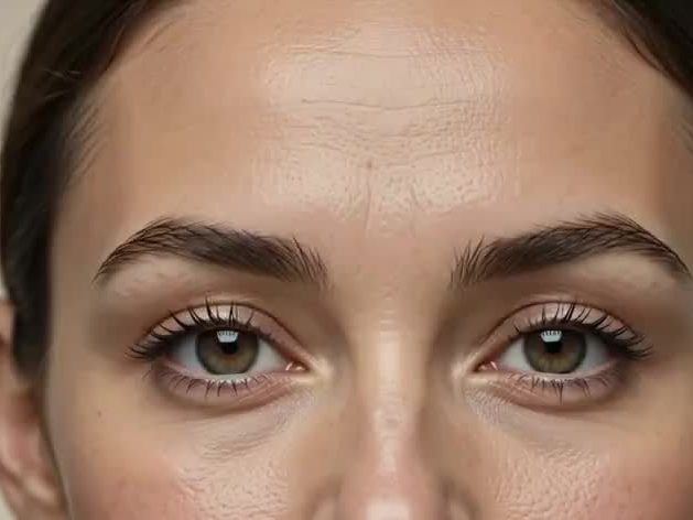 Close daylight crop of a patient's forehead, brows and eyes, no needle or product visible, neutral clinical light