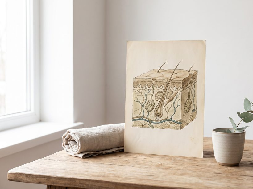 A folded white towel, a glass of plain water and a sprig of green leaves on a pale wooden bench in soft daylight, a still life with no text, people, needles or packaging
