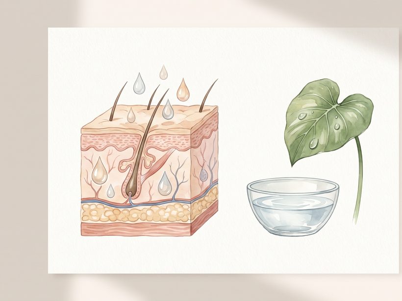 Watercolour plate of a skin cross-section with droplets, beside a glass bowl of water and a green leaf