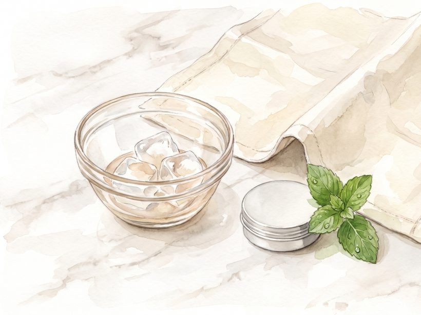 Watercolour of a glass bowl of ice cubes, a folded cloth, a small round tin and a sprig of mint on pale marble