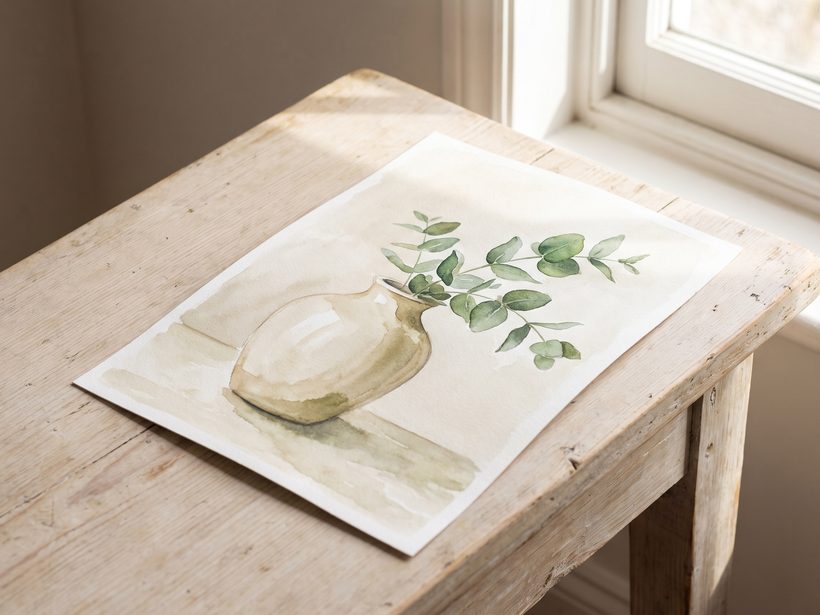 A watercolour still life of a drawing of a smooth pale vase with a curved neck and a sprig of green leaves, on a sheet laid on a pale wooden table by a window