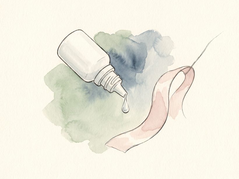 Watercolour and ink illustration: a small white squeeze eye-drop bottle releasing one clear droplet, beside a blush silk ribbon lifted at one end by a fine thread, on sage and slate washes; a generated illustration, not a photograph