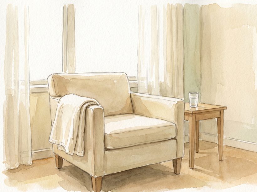 Watercolour of an upholstered armchair by a tall window with a folded blanket over one arm and a glass of water on a side table