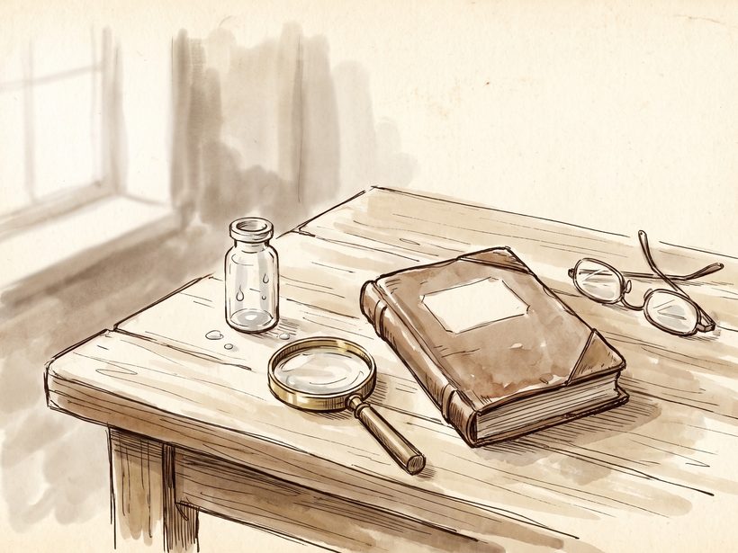 A hand-drawn ink and watercolour still life on a wooden table by a window: a small unlabelled glass vial with a few clear drops, a magnifying glass, a closed leather book and folded reading glasses; no readable writing, no people, no needle, no logo; a generated illustration, not a photograph
