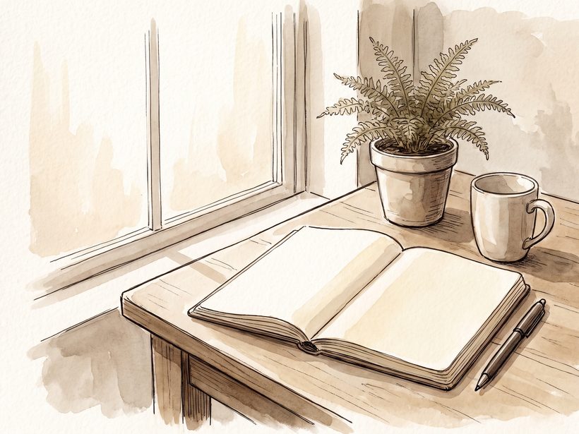 A simple consultation-room still life, a notebook and pen on a plain desk, soft daylight, no lettering and no people