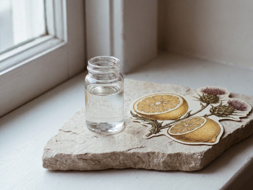 A small empty amber glass bottle and a folded linen cloth on a pale stone surface in soft daylight, a still life with no labels, people or text