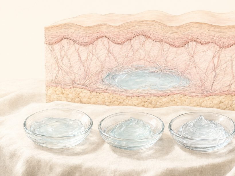 Three clear glass beads of different sizes resting on a folded white linen cloth in soft window light, a still life with no syringes, vials, labels, logos or people