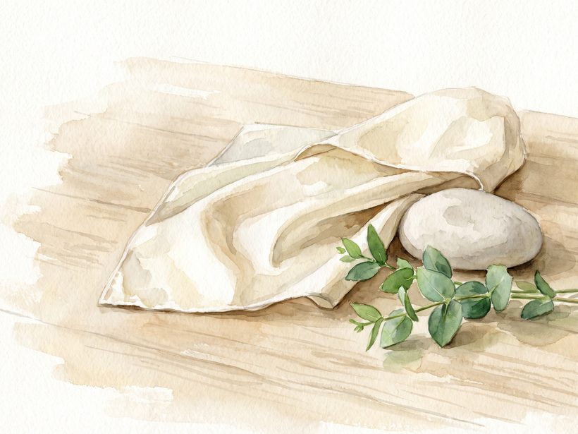 A watercolour still life of softly creased ivory silk, a smooth pale pebble and a sprig of green leaves on a pale wooden table