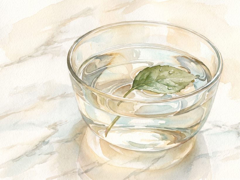 A clear drinking glass with droplets of water on its surface, standing on a pale daylit counter, still life, no face and no lettering