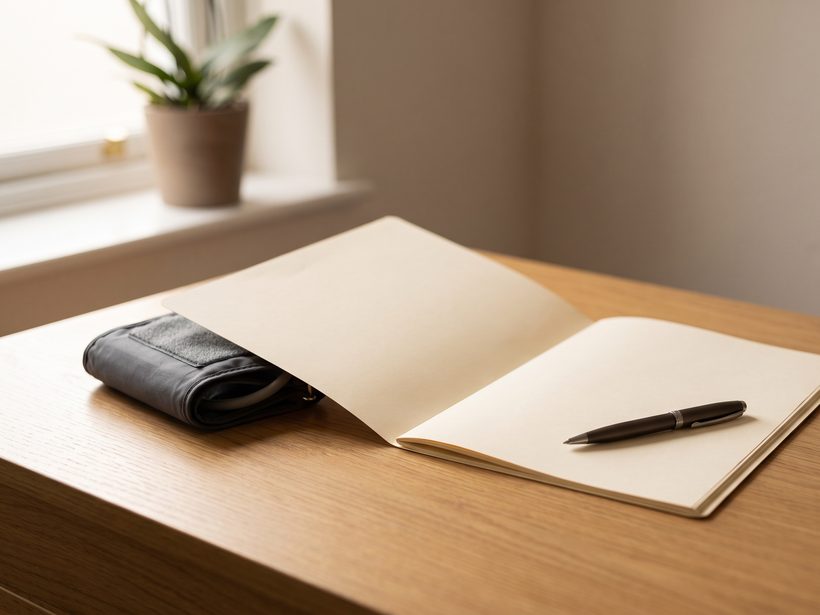 A consulting room desk in morning daylight with an open patient file, a blood pressure cuff and a pen, no patient and no medicine present