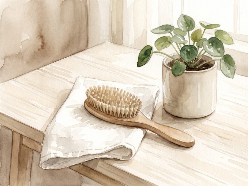 A watercolour still life of a wooden hairbrush on a folded white towel beside a small green plant in a plain ceramic pot on a pale wooden table