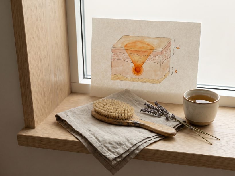A wooden hairbrush and a folded linen towel on a pale oak shelf in soft window light, a still life with no people, text or packaging