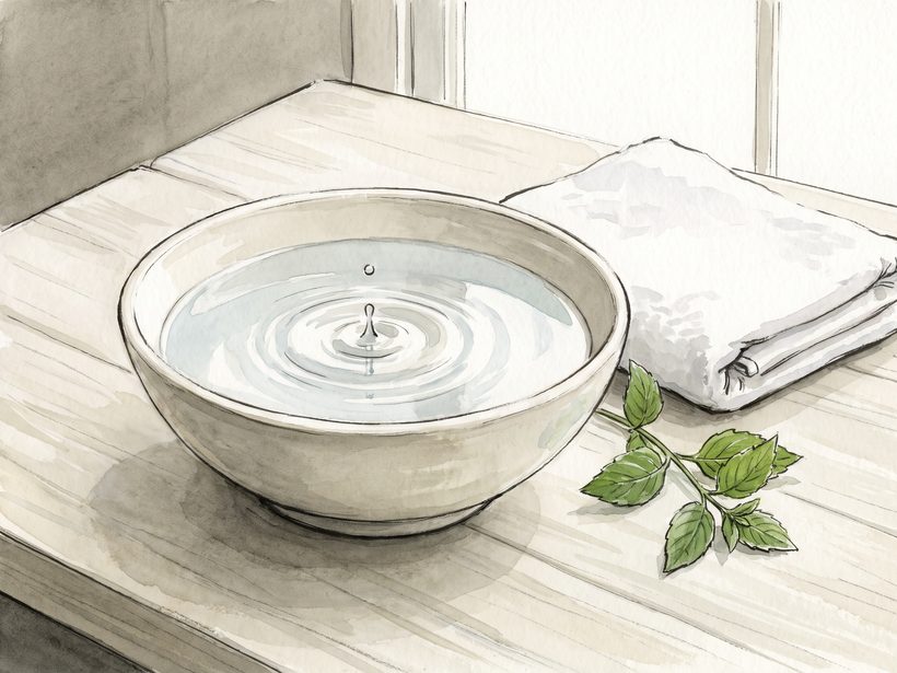 A watercolour still life of a pale ceramic bowl of water with a single drop sending out soft concentric ripples, beside a folded white towel and a sprig of green leaves on a pale wooden table in soft daylight