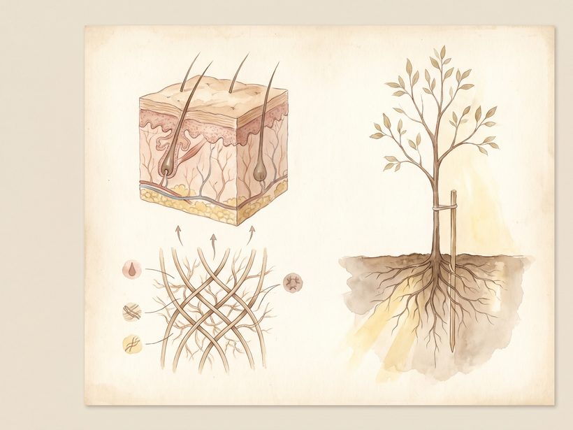Watercolour plate of a skin cross-section with collagen fibres beside a young tree and its roots, on cream paper