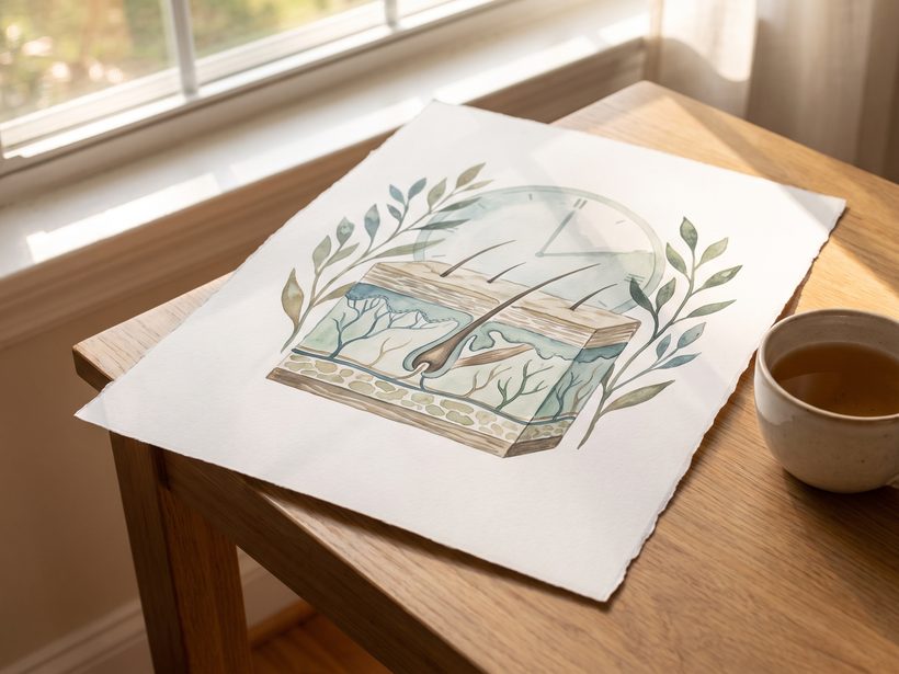 Watercolour plate of a skin cross-section framed by leaves, lying on a wooden table by a window beside a cup of tea