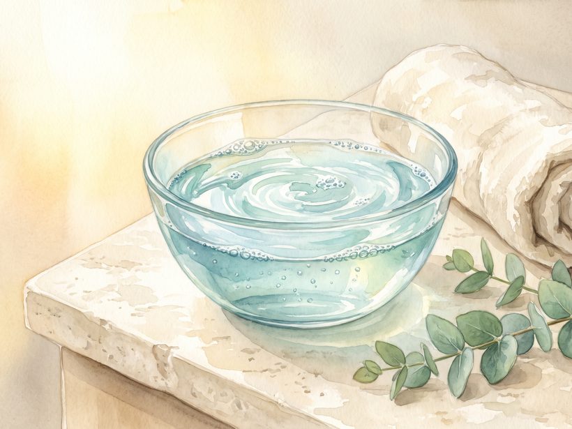 Watercolour of a glass bowl of swirling water with fine bubbles beside a rolled towel and sprigs of eucalyptus