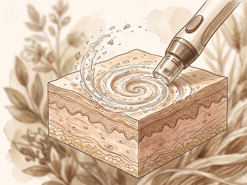 A hand-drawn ink and watercolour cutaway of a block of skin with a vortex handpiece touching its surface and a swirl of water lifting debris, warm neutrals, no people, no text; a generated illustration, not a photograph