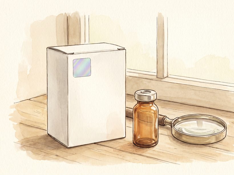 A hand-drawn ink and watercolour still life of a sealed medicine box with a small shimmering hologram sticker beside it, on warm paper, no readable writing, no people, no needle, no logo; a generated illustration, not a photograph