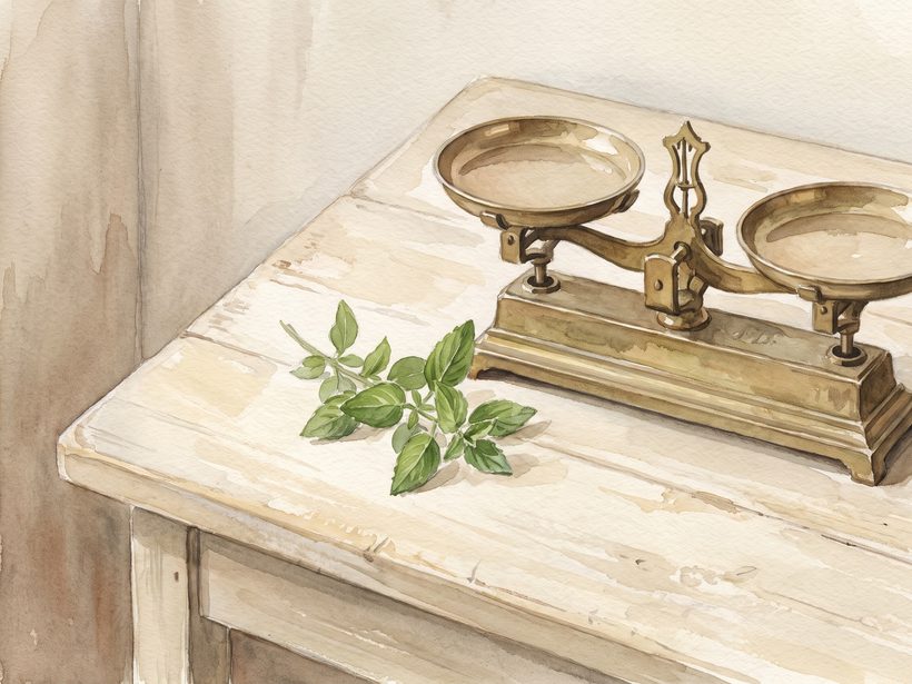A watercolour still life of an antique brass balance scale with two empty pans beside a sprig of green leaves on a pale wooden table