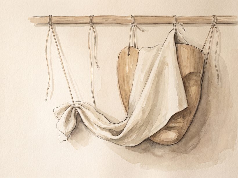 Watercolour and ink still life: a length of cream linen draped over a carved wooden form, tied with fine threads to a wooden rail above; where a thread has slackened the cloth sags into a fold along its lower edge; no people; a generated illustration, not a photograph