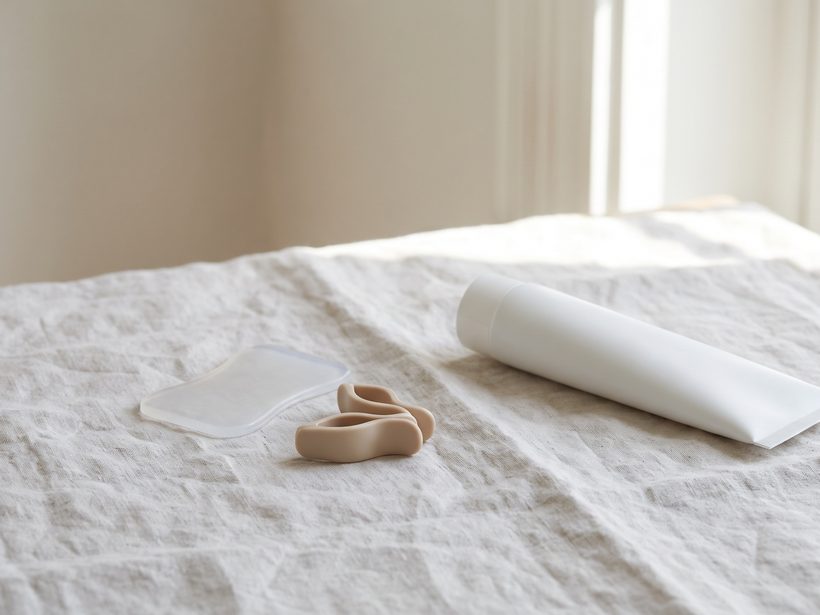 A quiet still life on pale linen in soft daylight: a clear silicone gel sheet, a pair of soft earlobe pressure clips and a plain white tube, no lettering, no people; a generated image, not a photograph of the clinic