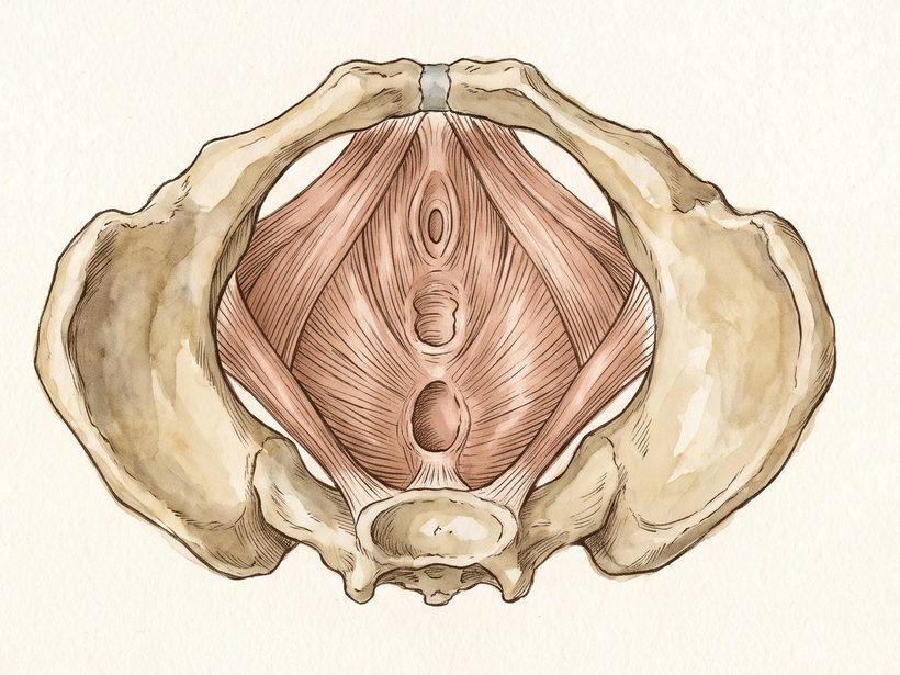 A hand-drawn ink and watercolour anatomy plate of the female pelvic floor seen from below, layered muscles in soft pink between the cream-coloured bony pelvis, on warm paper, no people, no text; a generated illustration, not a photograph
